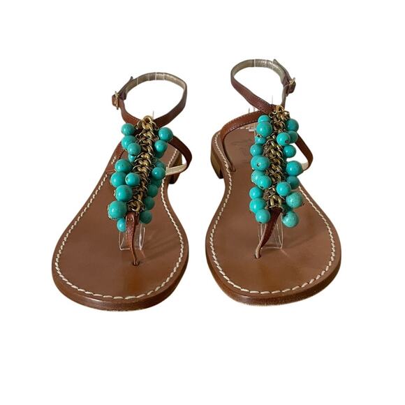 Miss Trish of Capri Turquoise & Gold Beaded Leather Sandals Size 39.5/ US 9.5 - Picture 2 of 9